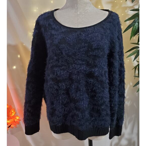14th & Union Fuzzy Jacquard Blue Hi Low Scoop Neck Knit Sweater Womens Size L - Picture 1 of 12